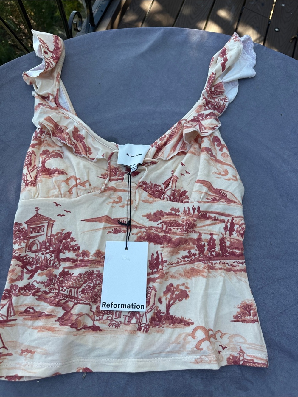 Reformation Cream and Rust Scenic Toile Ruffle Strap Tank